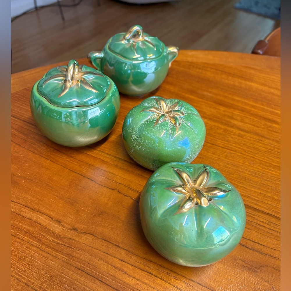 Vintage Green  Tomato shaped salt and pepper sugar bowl, extra bowl.